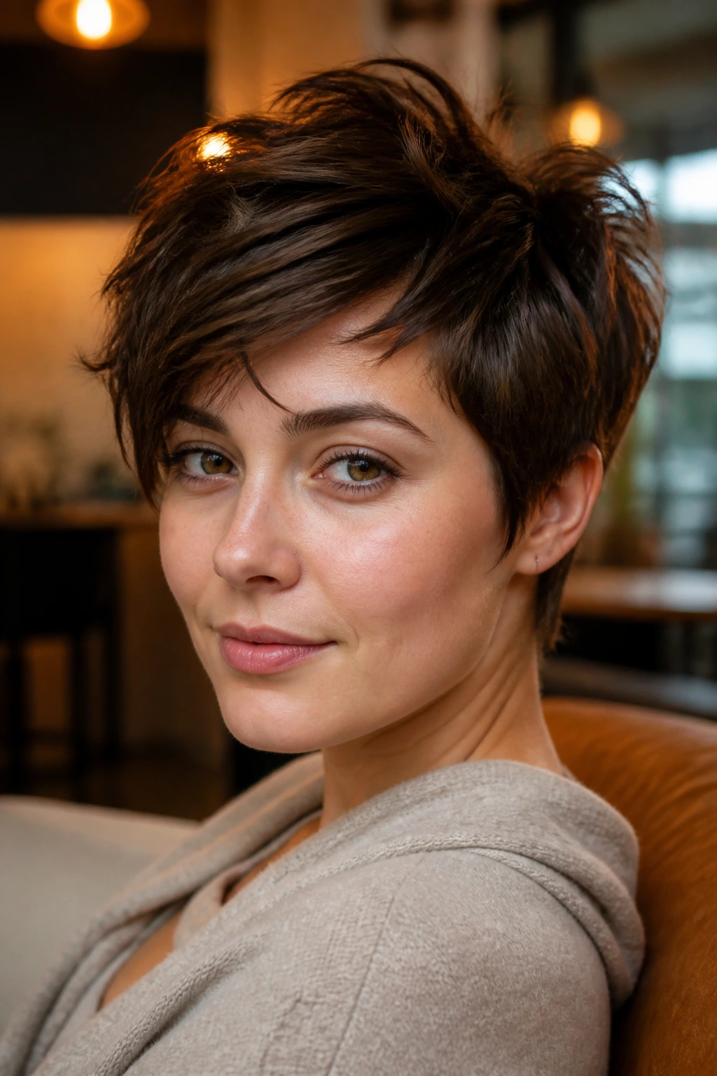 Close-up portrait of a real woman with tousled long pixie and messy finish