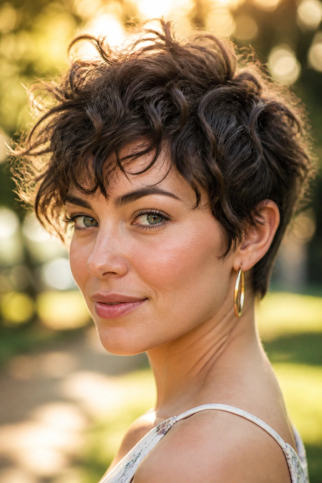 Real woman with tousled curly pixie and piecey ends in golden-hour light