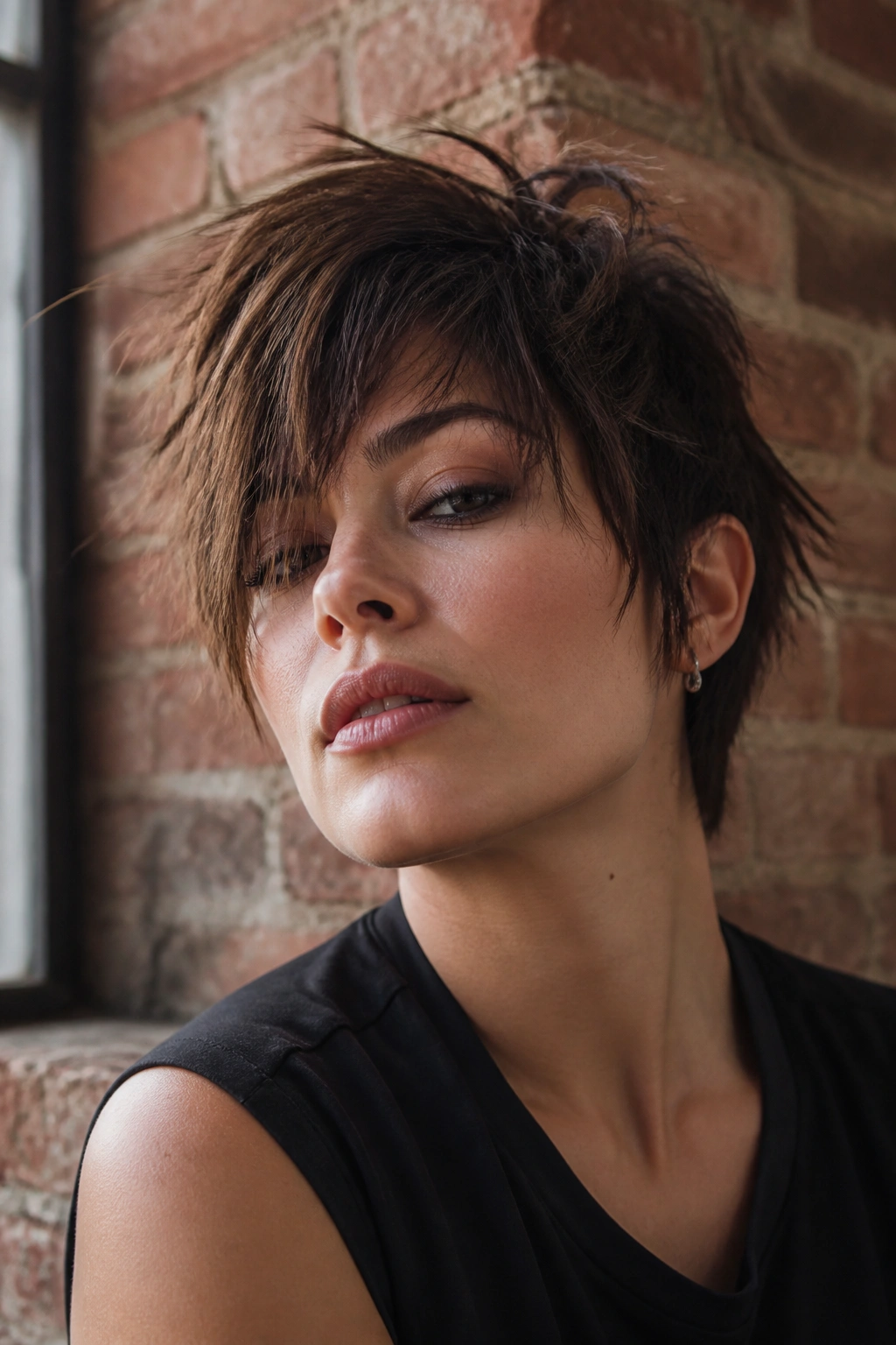 Close-up portrait of a real person with tousled pixie-shag and long fringe