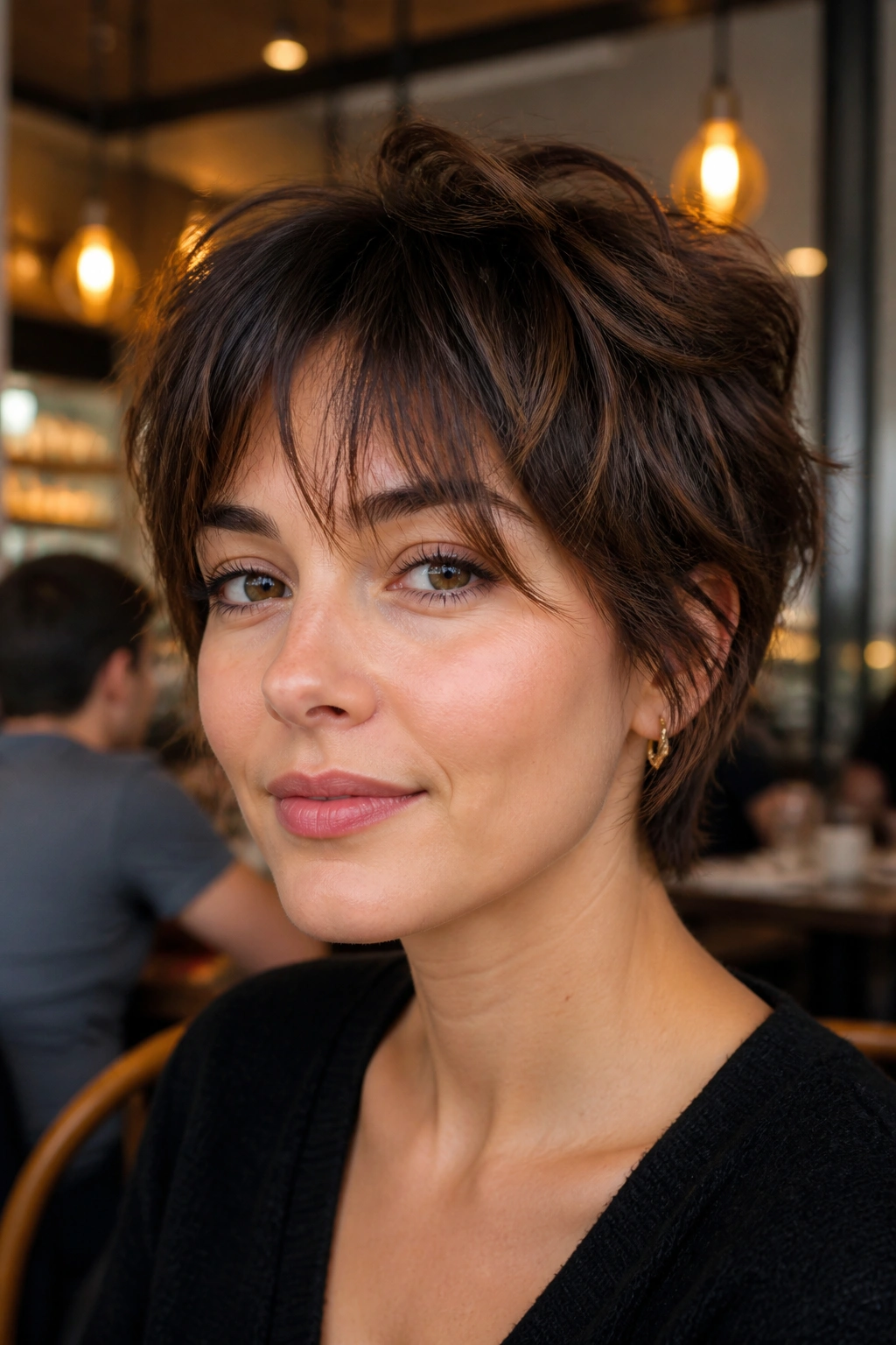 Real person with tousled pixie shag and soft fringe in a cafe setting
