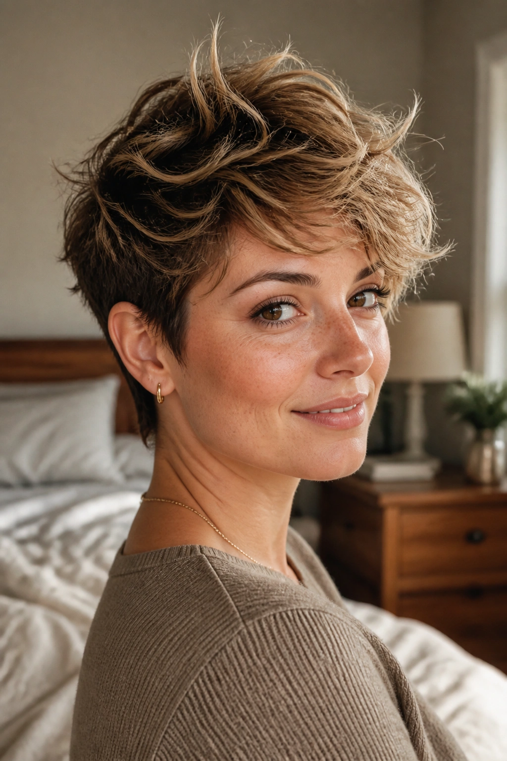 Close-up portrait of a real woman with a tousled pixie showing long top layers and wave texture