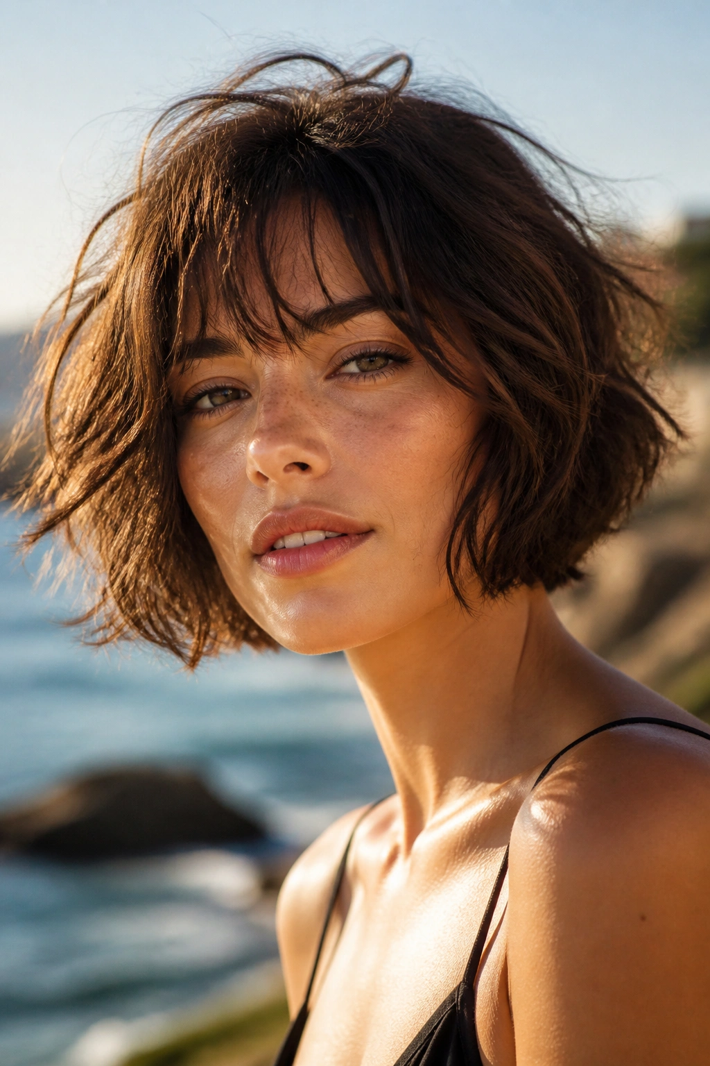 Close-up portrait of a real woman with a tousled salt-spray bob looking relaxed and natural.