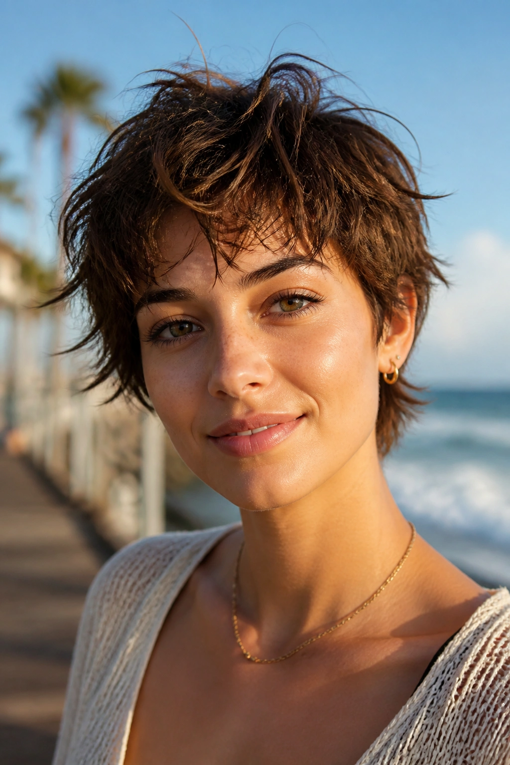 Close-up portrait of a girl with tousled salt-spray crop on windy seaside boardwalk