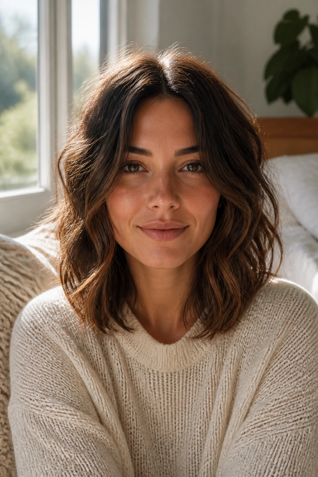 Close-up portrait of a real woman with a center-part tousled shag for a round face.