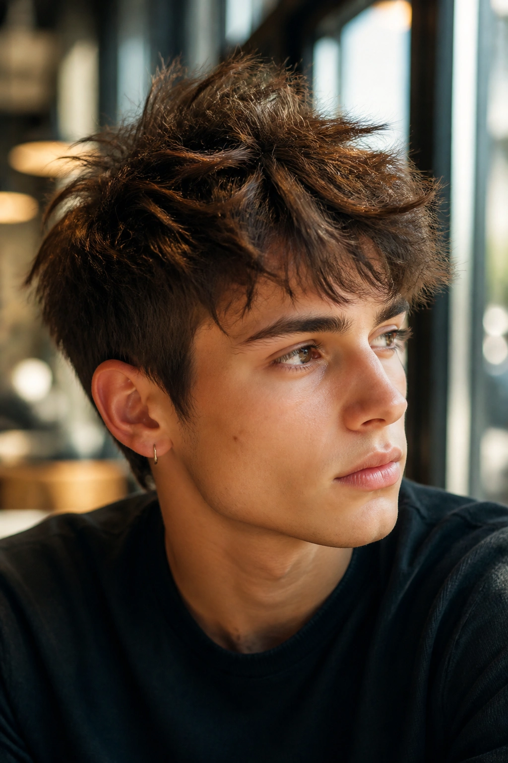 Close-up of a real person with tousled shag crop and crown height.