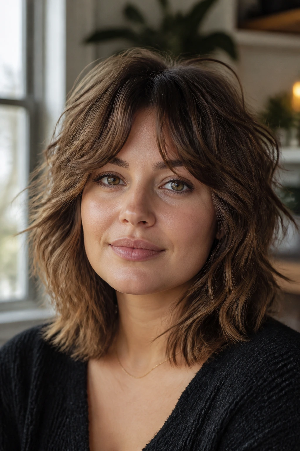 Real woman with tousled shag at shoulder-grazing length