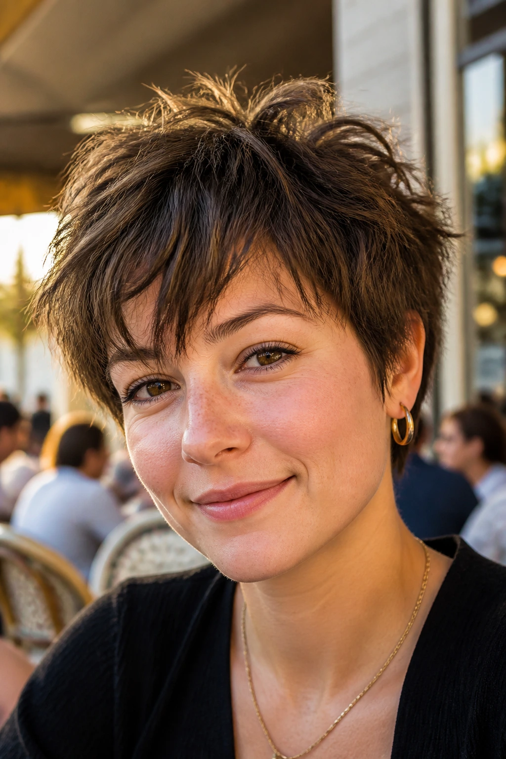 Close-up portrait of a real woman with a tousled shaggy pixie in outdoor light.
