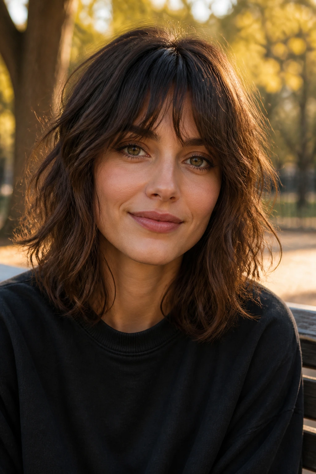 Close-up portrait of a real person with a tousled shoulder-length haircut and bottleneck bangs