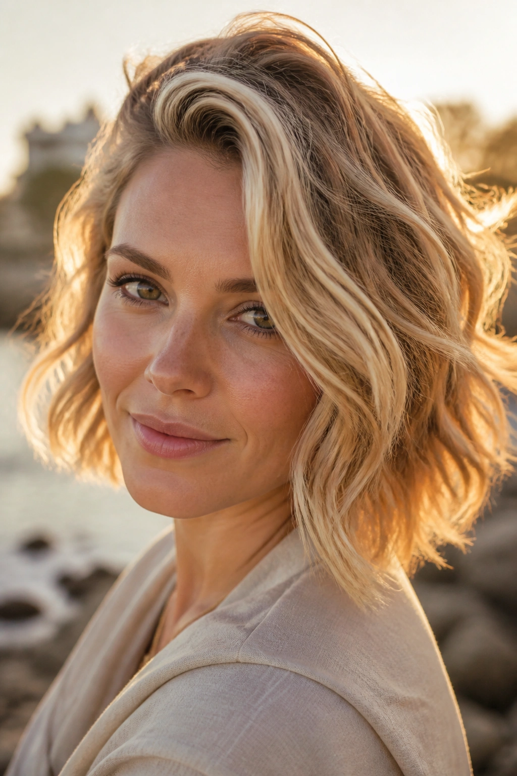Close-up portrait of a real woman with a tousled side-volume bob and beach waves in sunlit outdoor setting