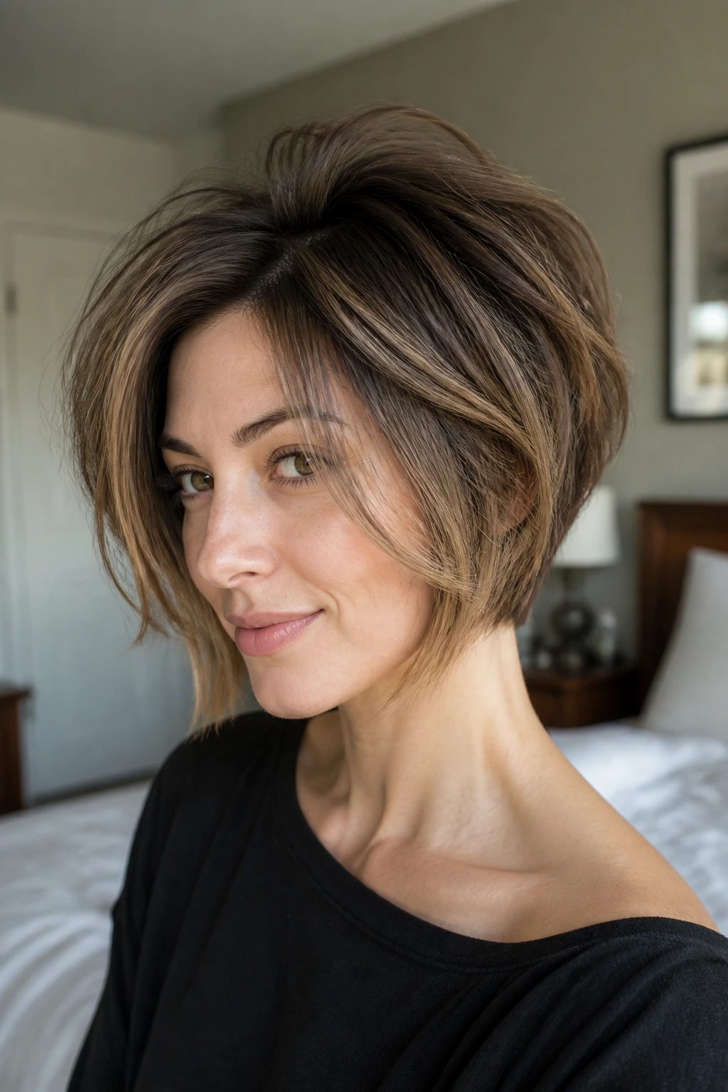 Close-up of a real woman with a tousled stack and root lift in a short inverted bob, natural window light