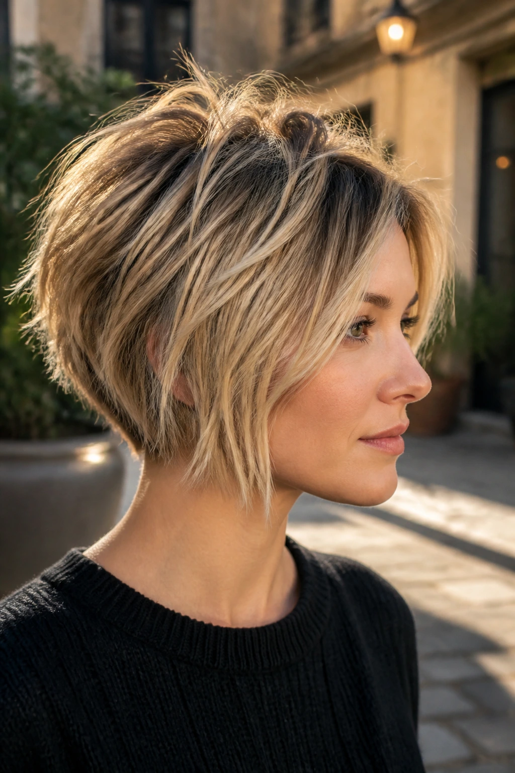Real woman with tousled stacked bob and choppy crown texture in golden hour light.