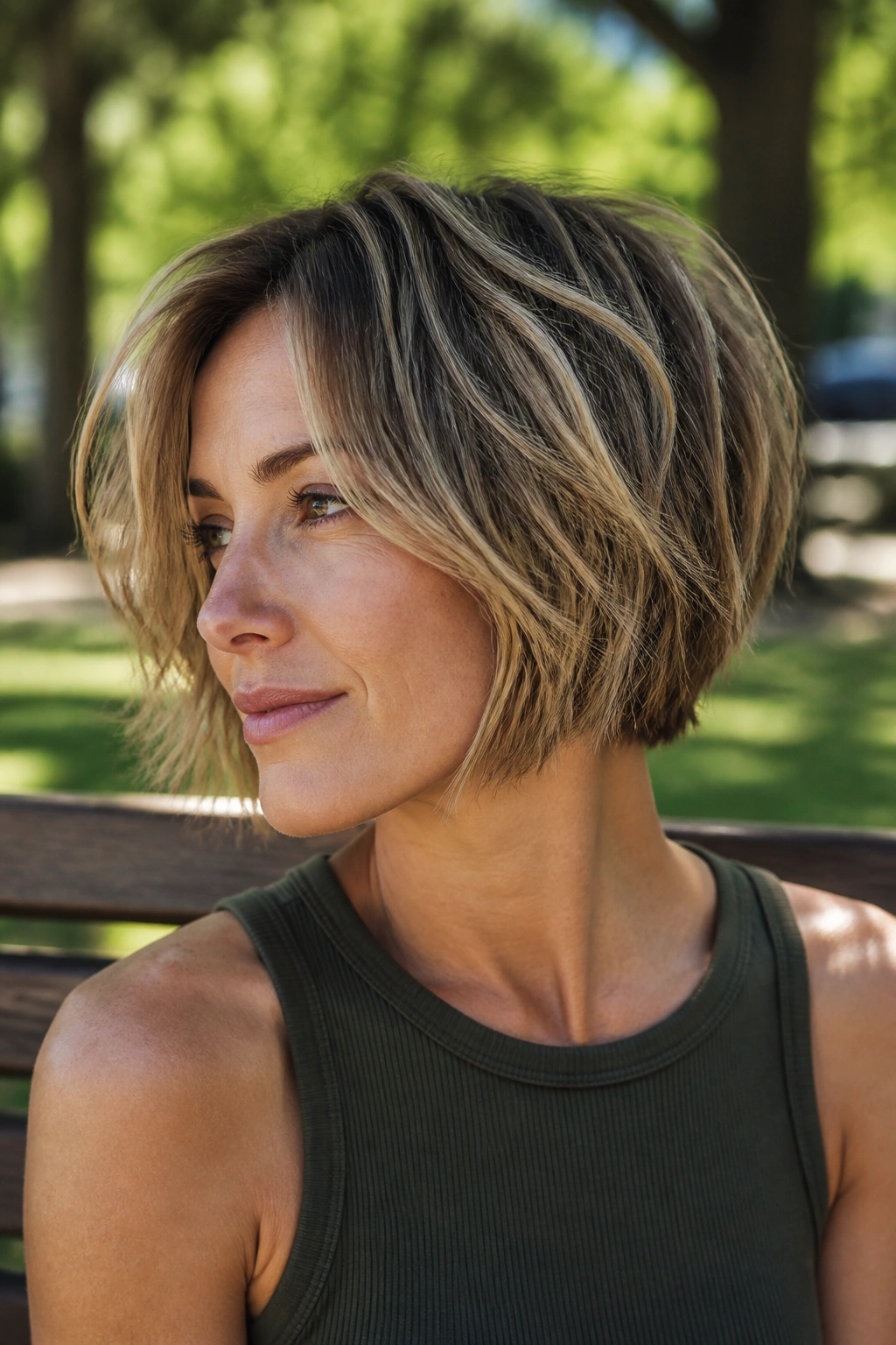 Portrait of woman with tousled stacked bob and piecey texture