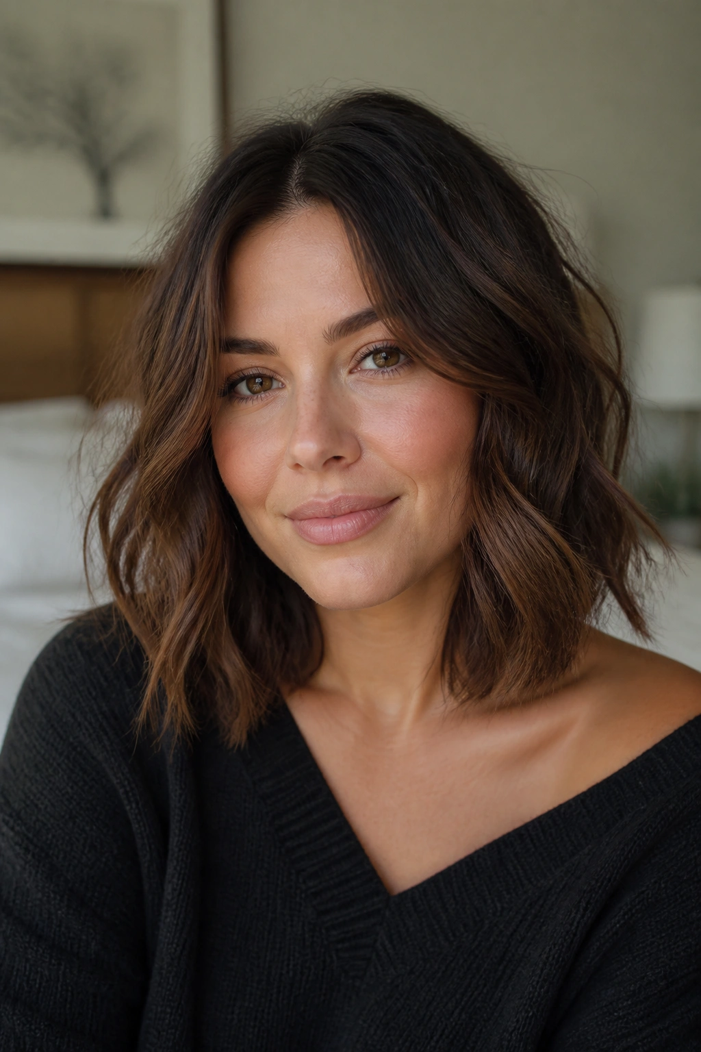 Close-up of brunette woman with tousled waves breaking facial width in warm window light