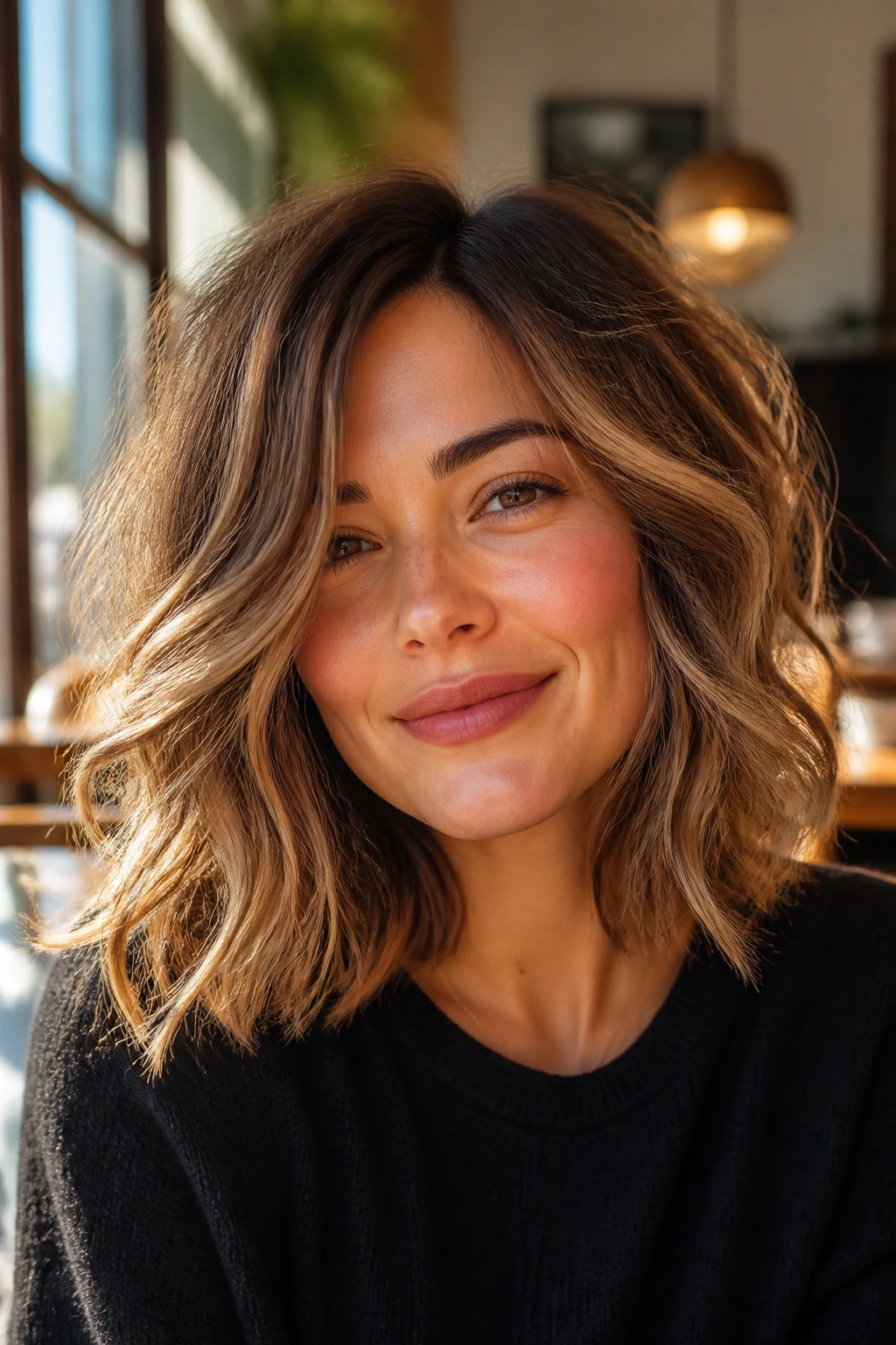 Close-up of a real person with tousled wavy lob hairstyle.