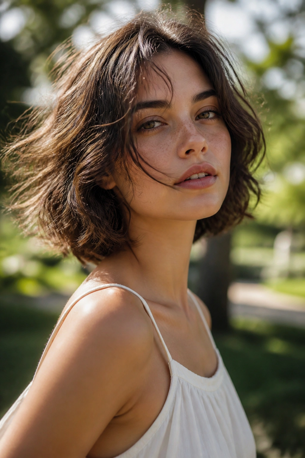 Three-quarter portrait of a real girl with tousled wavy bob in a park