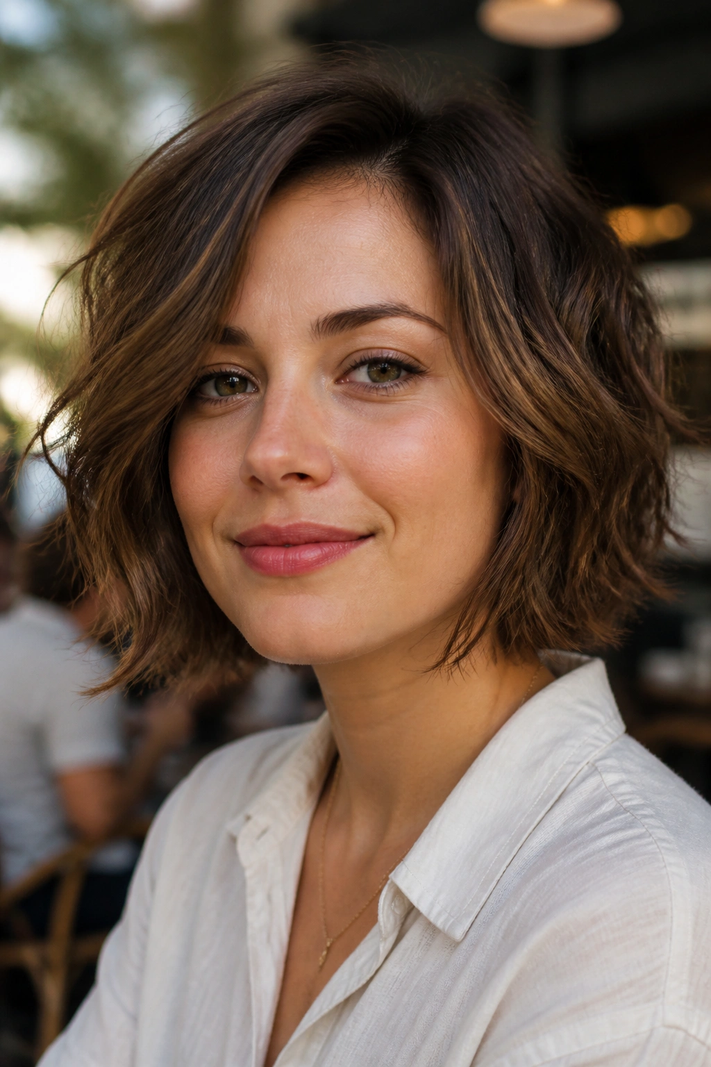 Real woman with tousled wavy bob in outdoor cafe light