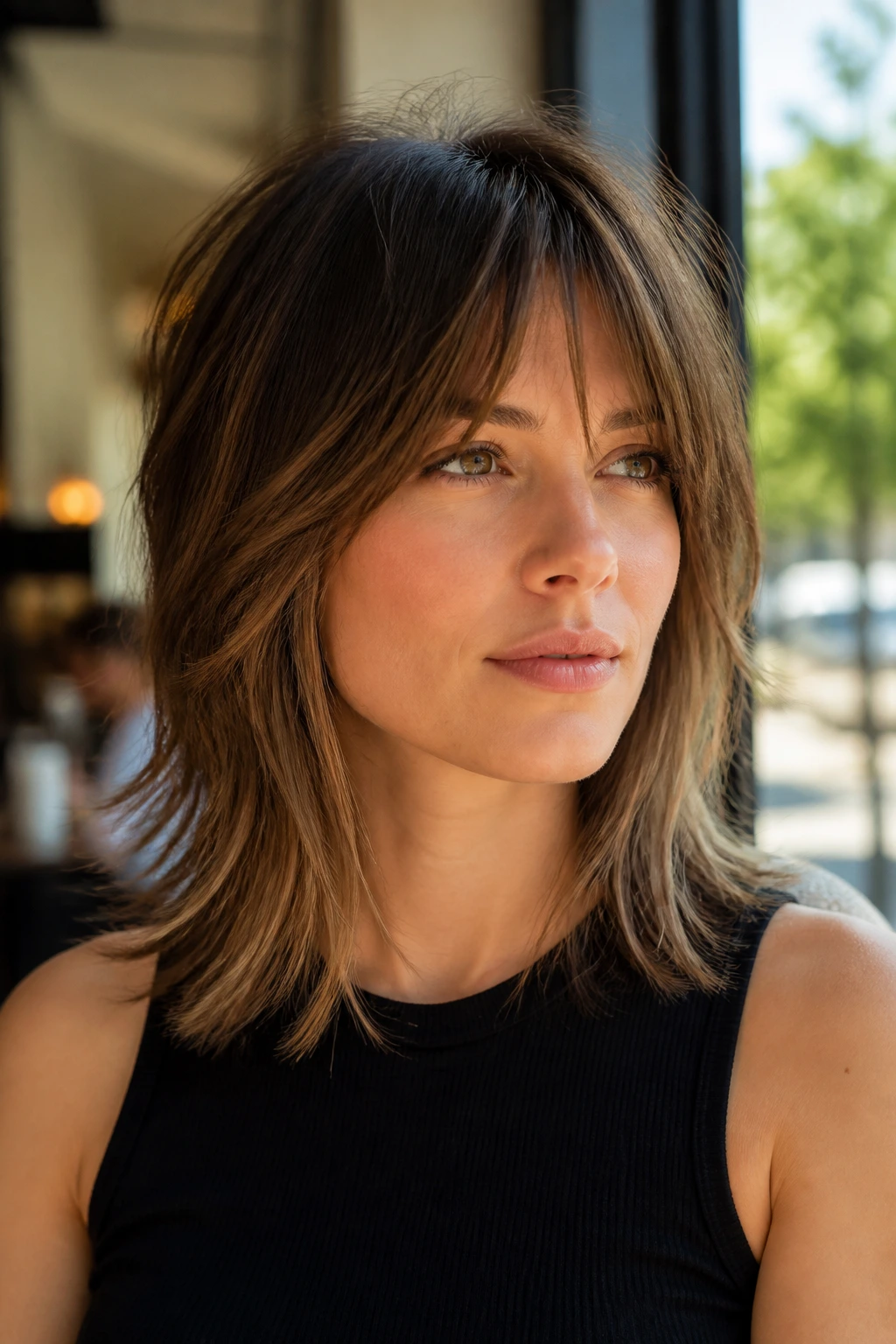 Portrait of real person with triangle-balanced shag lob showing lifted crown and layered bottom