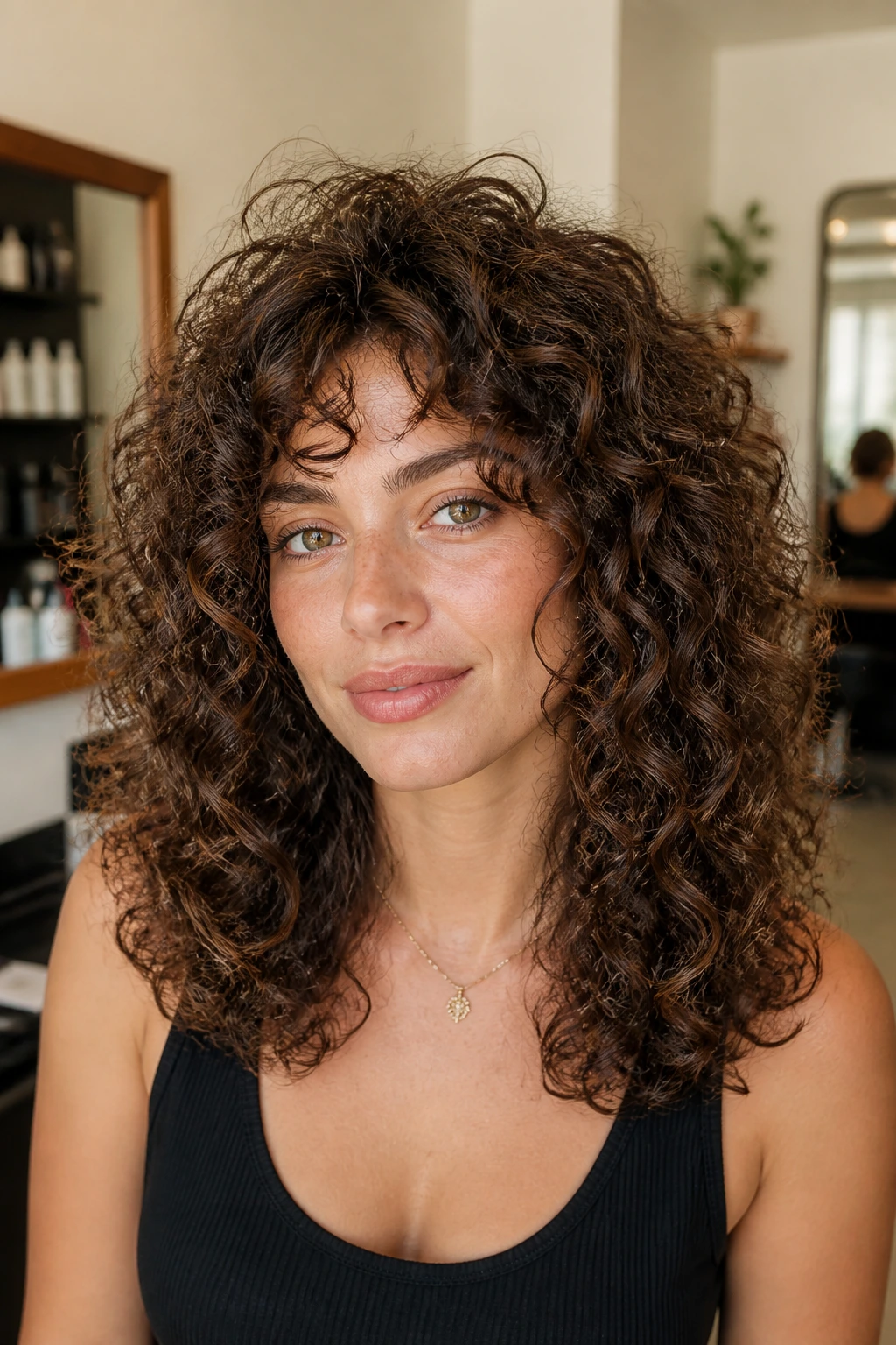 Close-up of a real woman with triangle-fix layered curls, crown lift and balanced ends