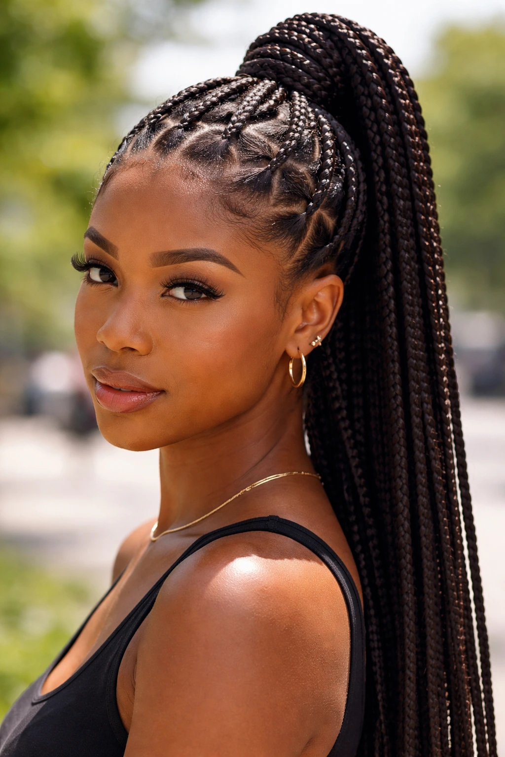 Close-up of a real woman with triangle-part box braids in a high ponytail