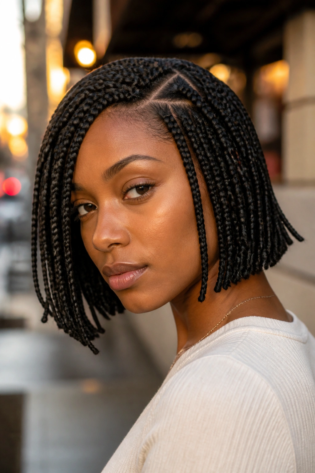 Close-up of a real woman with triangle-part braided bob