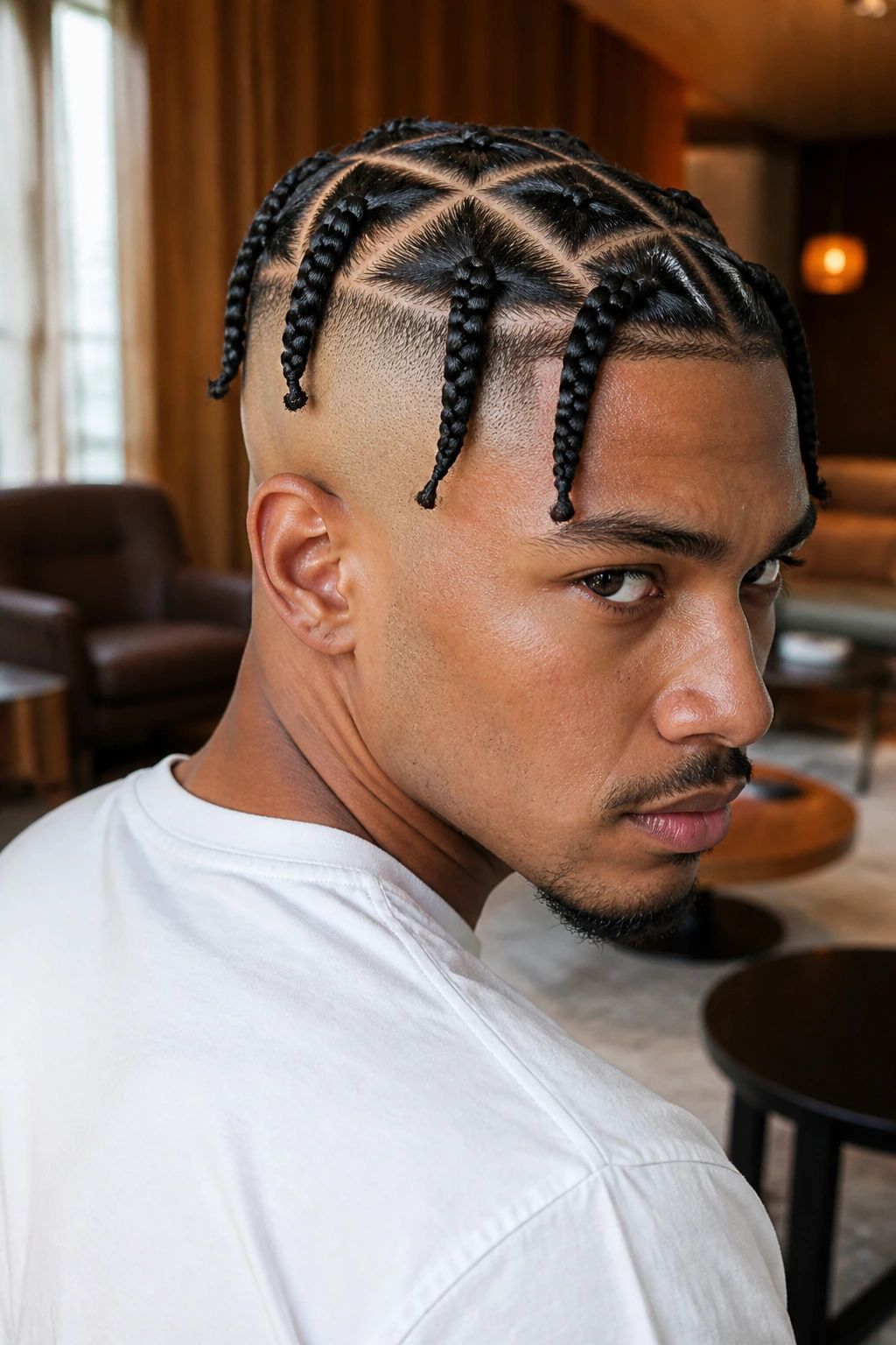Close-up of triangle-part braids with bald nape on a real person