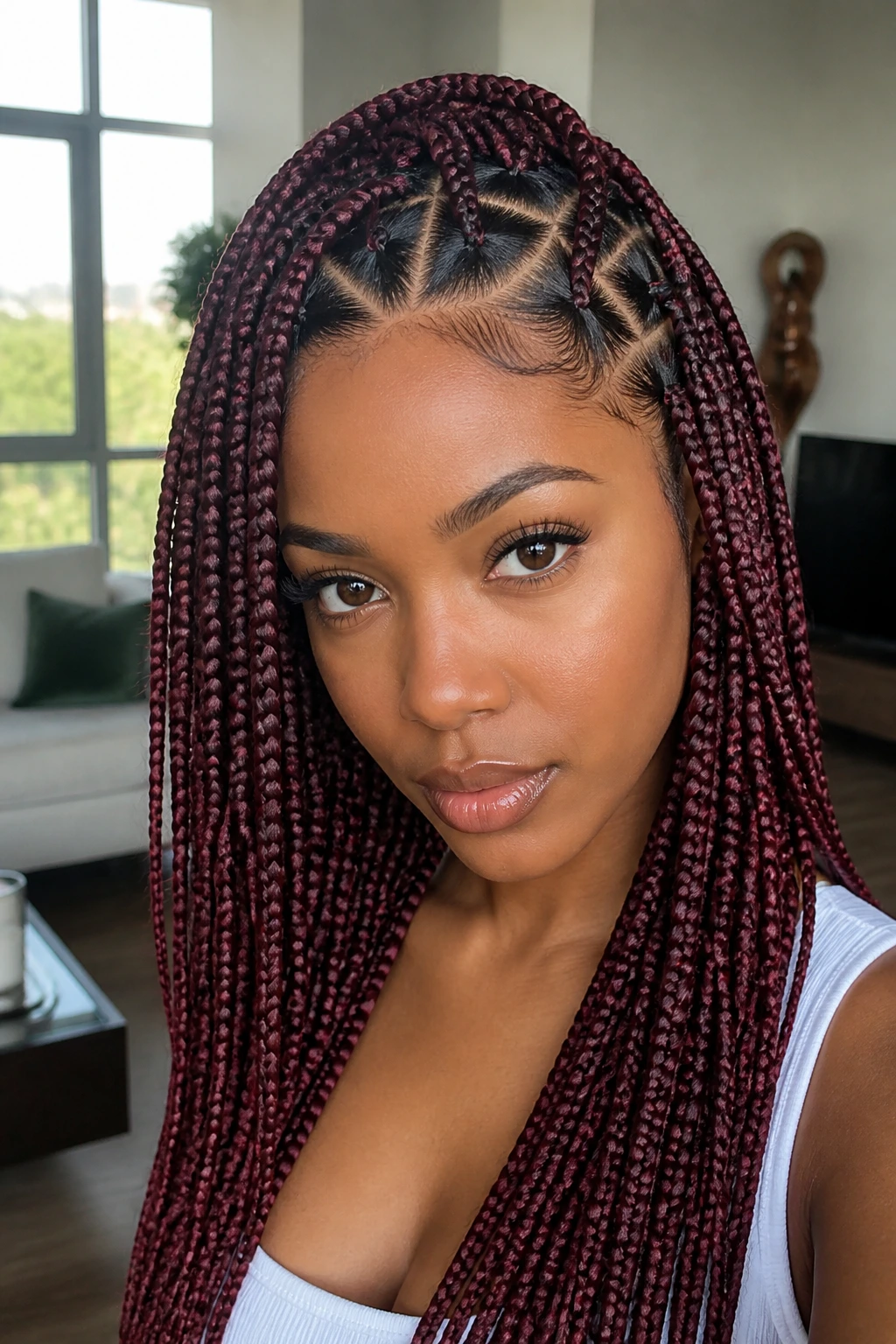 Close-up portrait of a real woman with triangle-part burgundy box braids