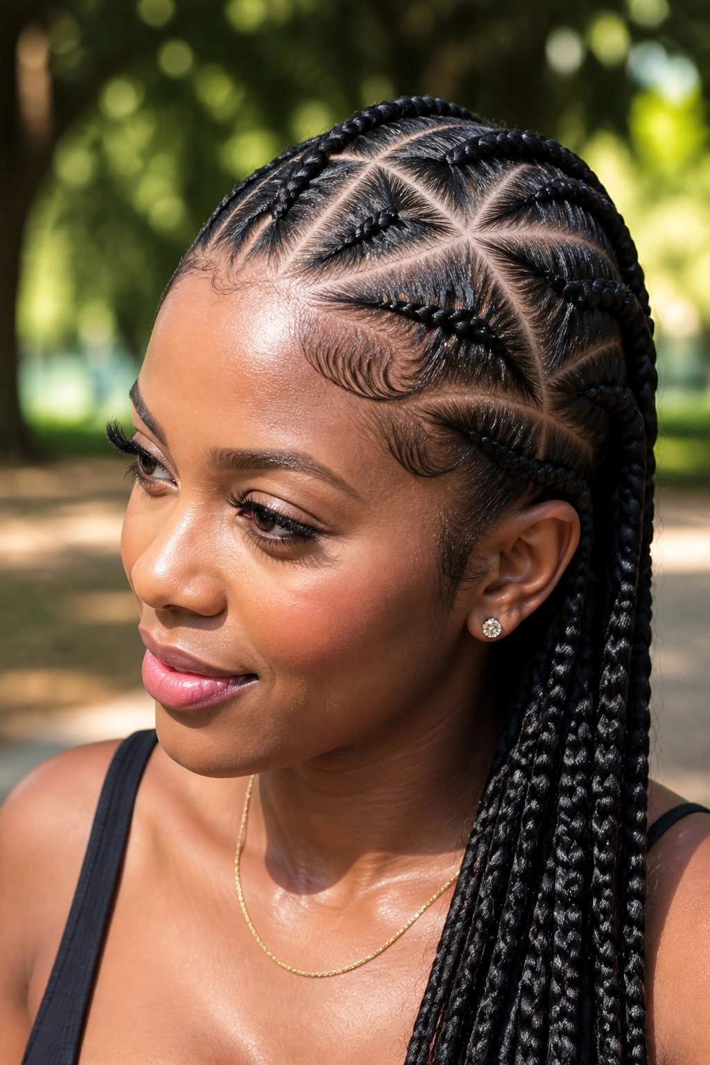 Real woman with triangle-part cornrows in outdoor park setting