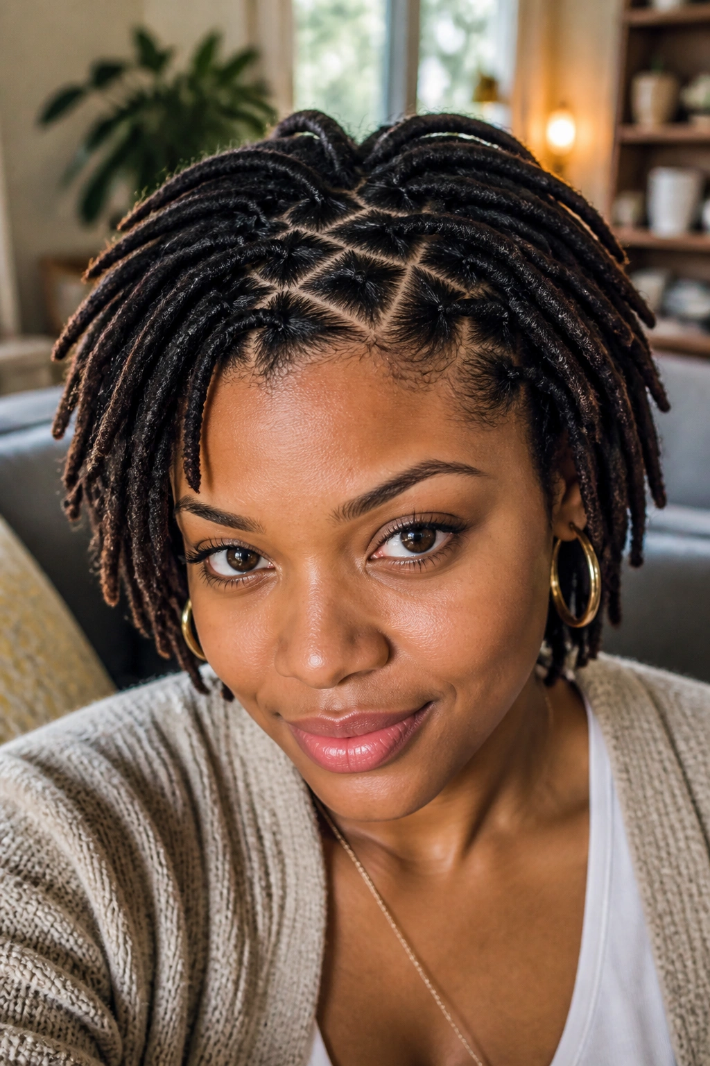 Close-up portrait of a woman with triangle-parted short locs in warm window light