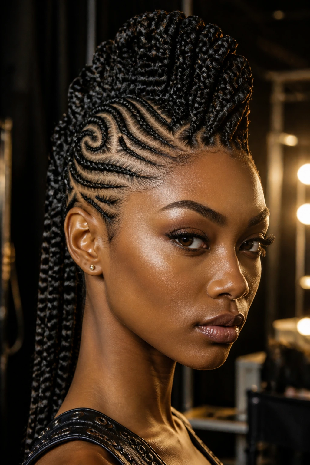 Close-up portrait of a woman with tribal braided mohawk in backstage lighting