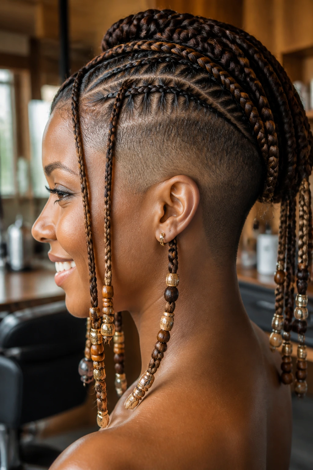 Close-up of tribal braids with beads and a shaved back on a real woman