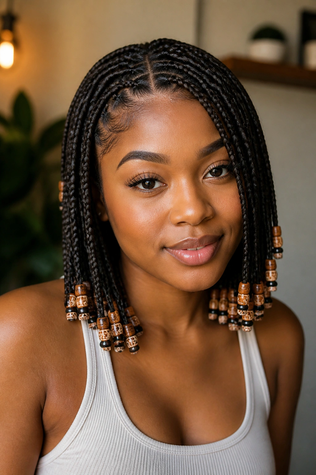 Close-up of a real person with short tribal braids and beads at the ends
