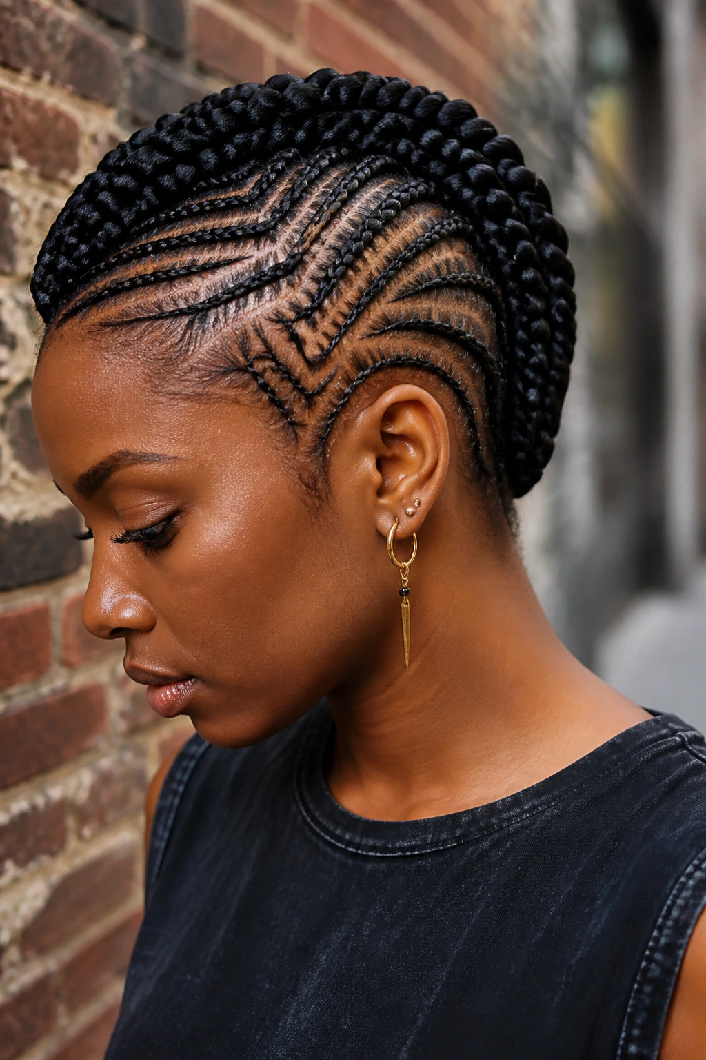 Close-up of a real person with tribal mohawk braid in an urban setting