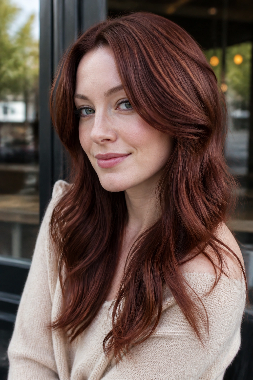 Portrait of a real woman with true mahogany copper hair against cool porcelain skin
