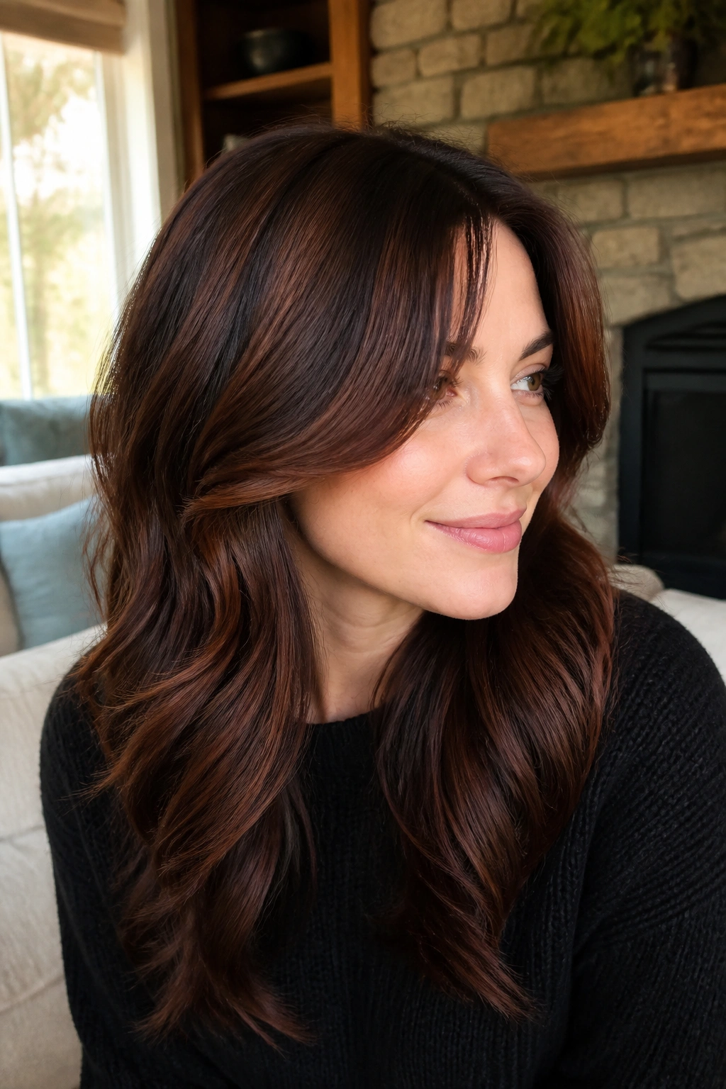 Close-up portrait with truffle auburn layered hair catching light on bends.