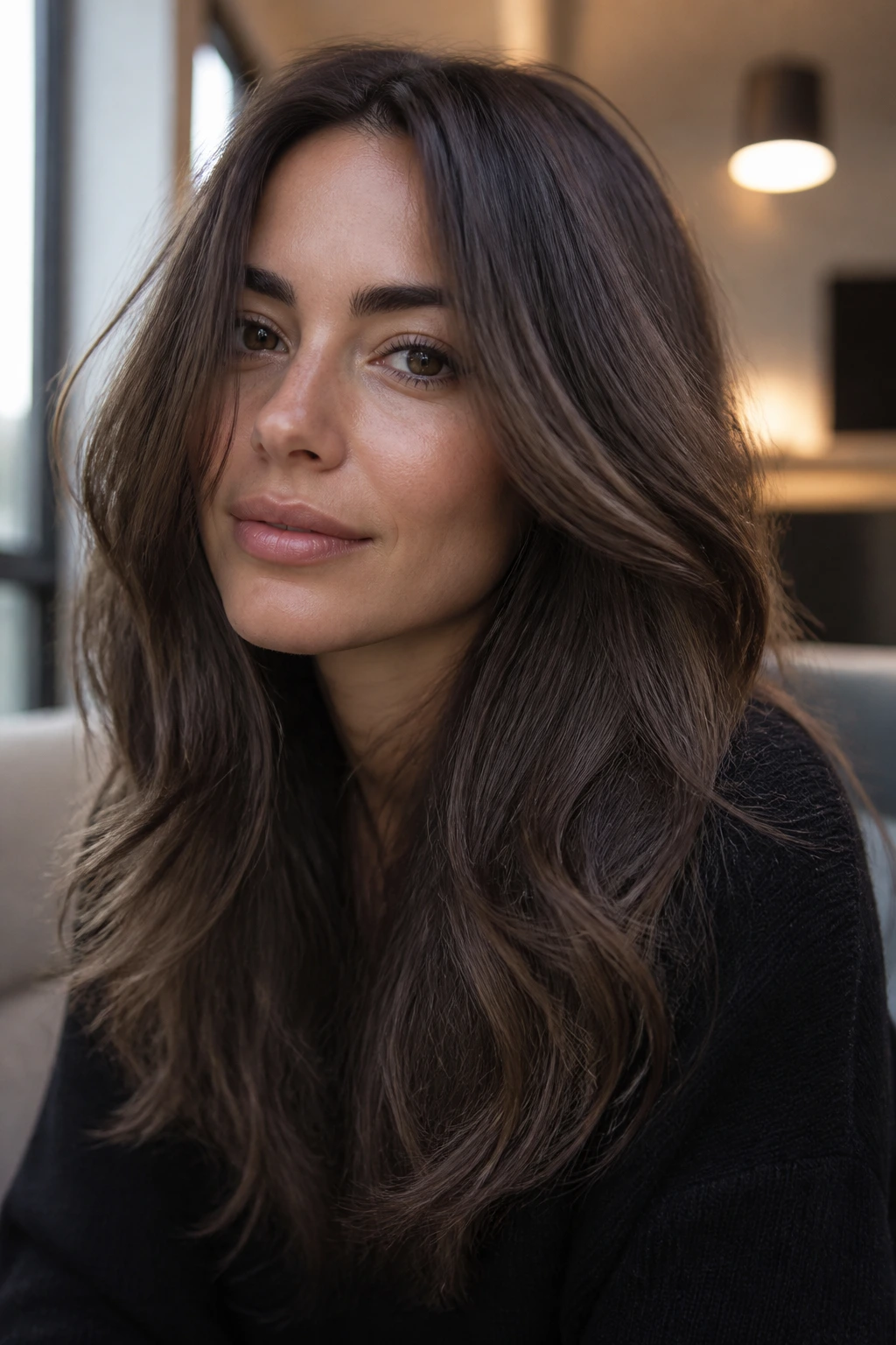 Real woman with truffle brown hair in a cozy office setting.