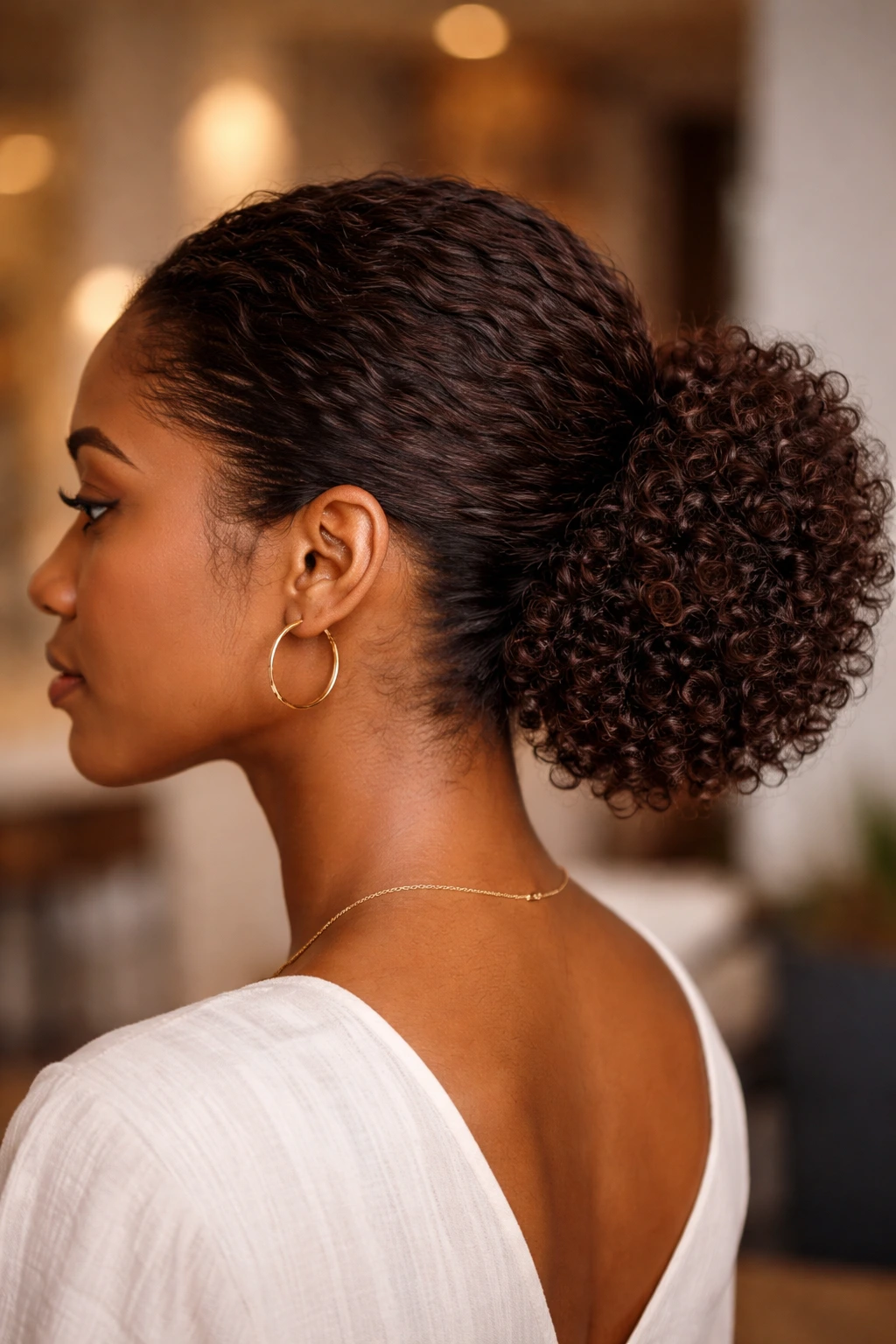 Close-up of a real person with a low puff in truffle brown