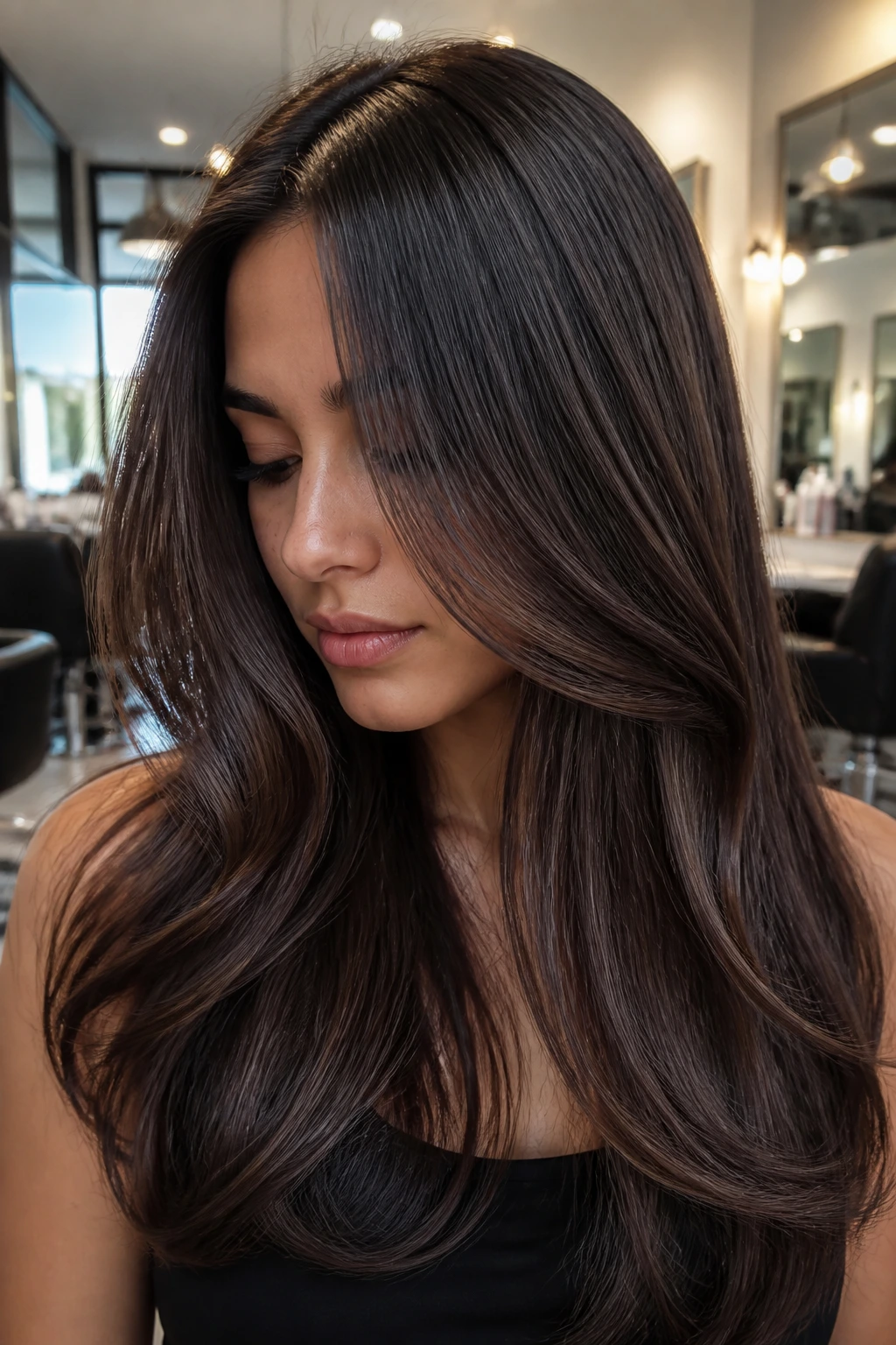Close-up of brunette hair with truffle panel lowlights and glossy finish.