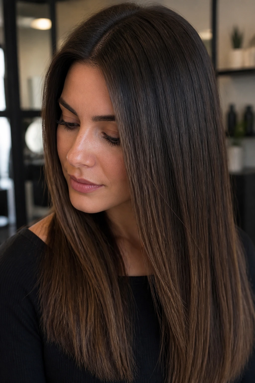 Brunette with sleek straight hair showing subtle truffle brown lowlights