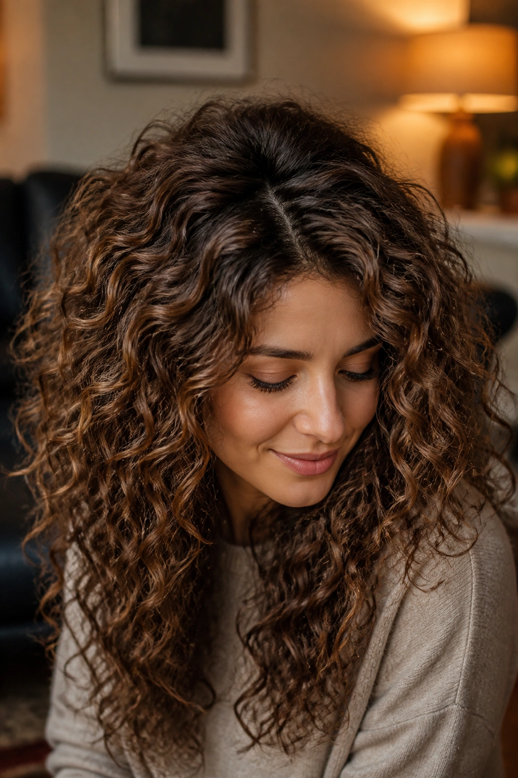 Shadow roots in truffle brown curly hair on a real person
