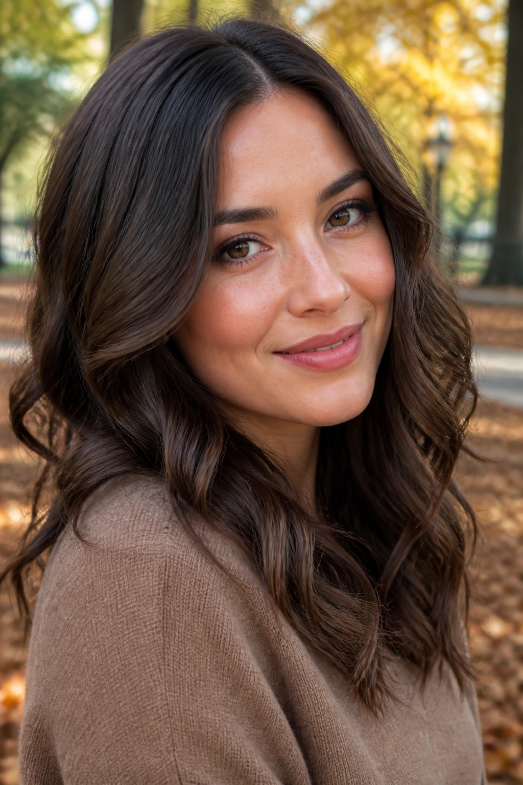 Close-up of a woman with truffle brown hair and soft curls starting below the cheekbone