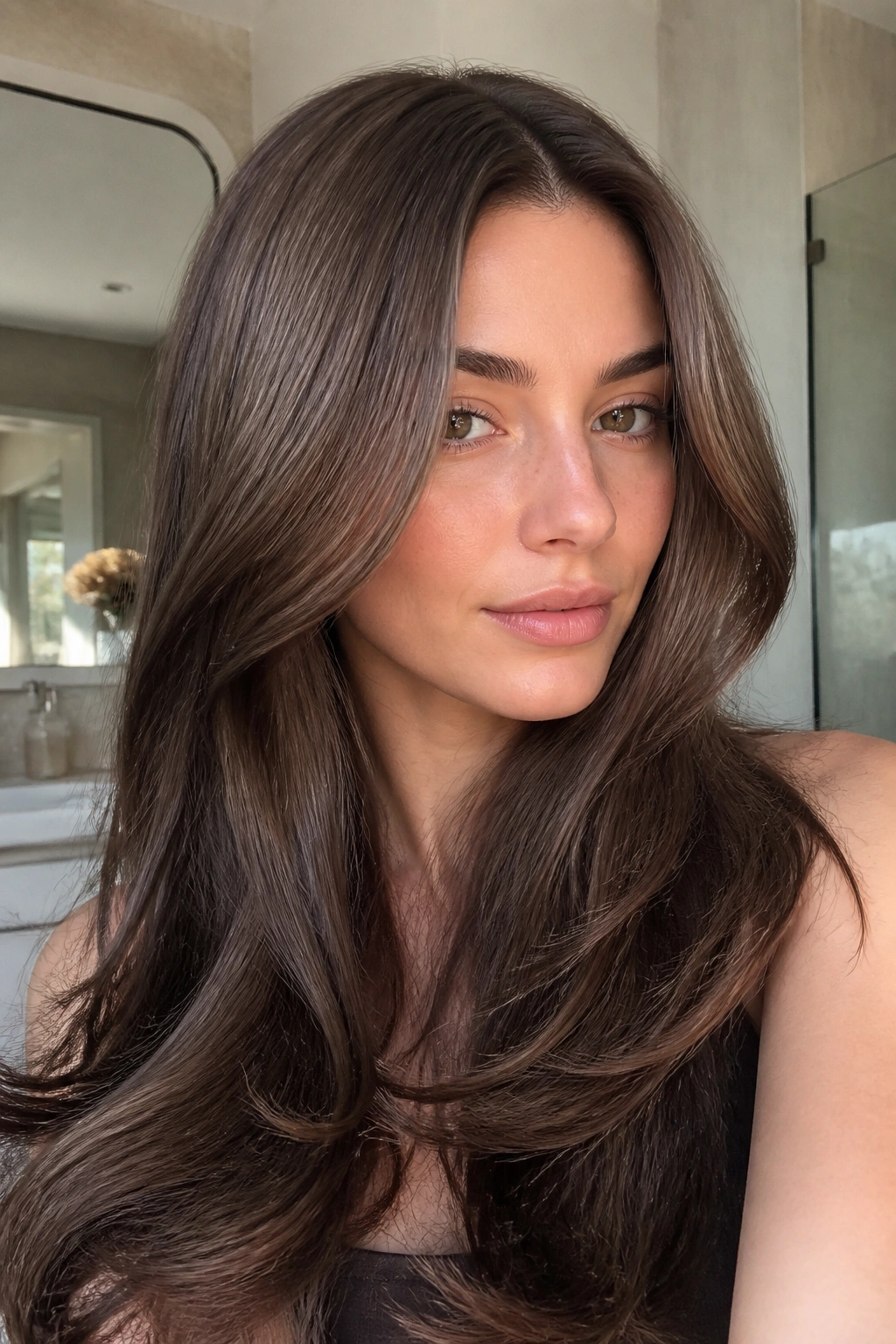 Close-up portrait of truffle brunette gloss hair with cool beige-brown shine
