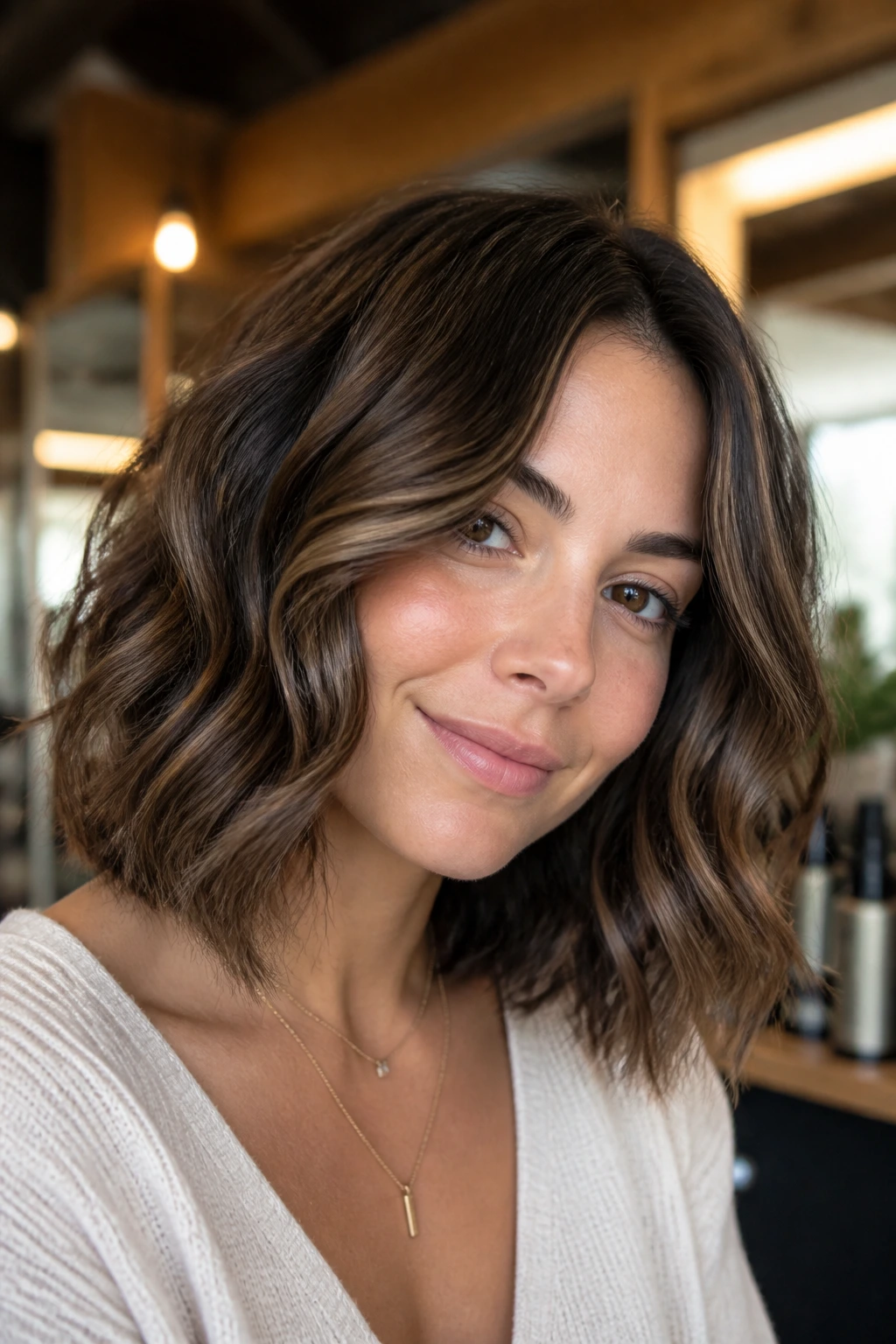 Wavy bob close-up showing truffle lowlights enhancing wave definition.