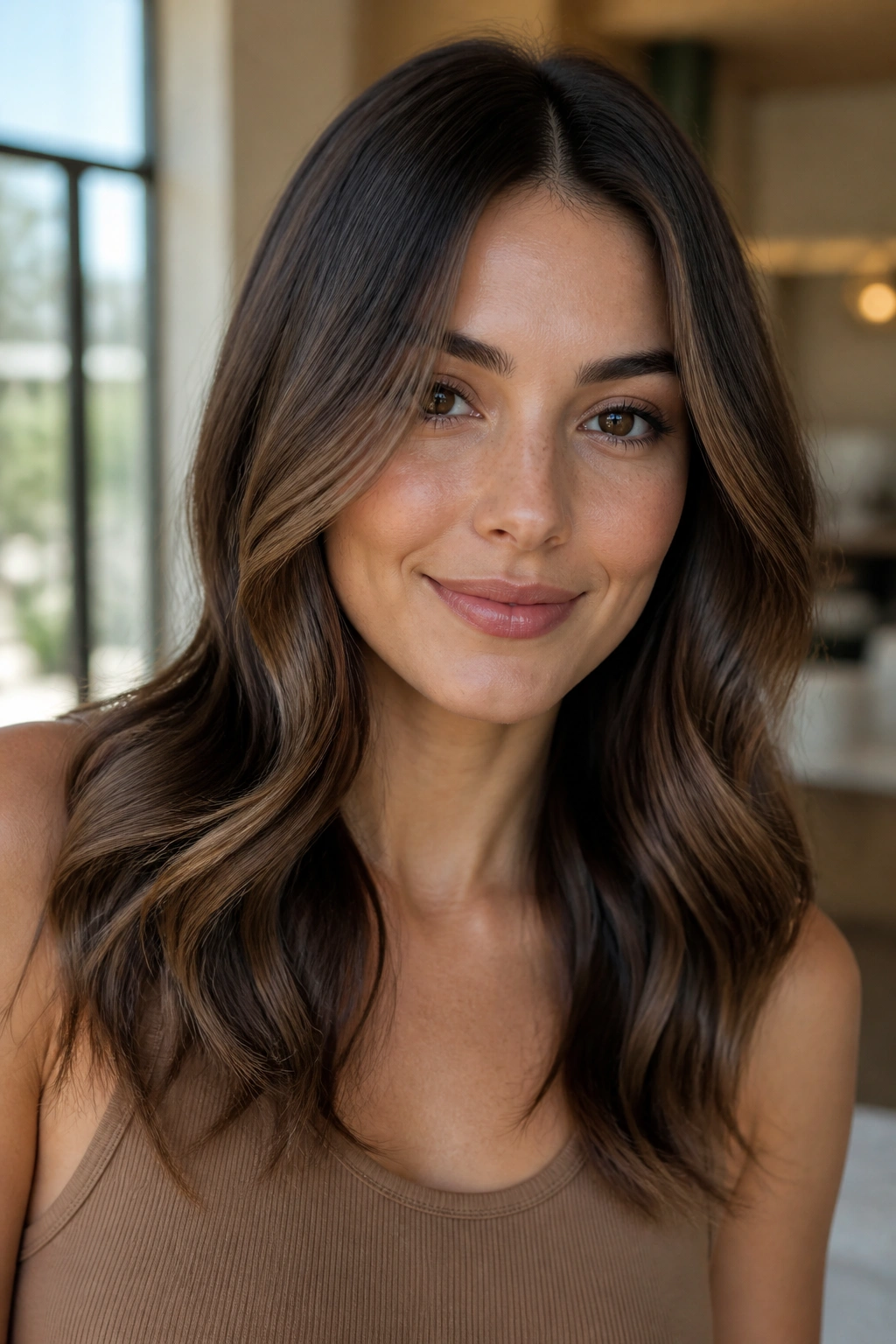 Real woman with warm truffle waves starting below the chin