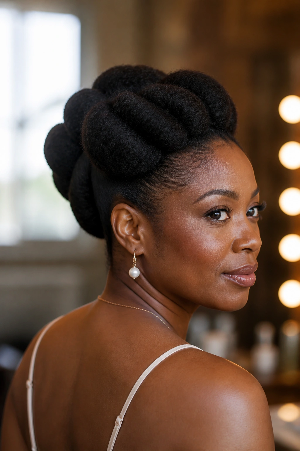 Portrait of a woman with a tuck-and-roll updo.