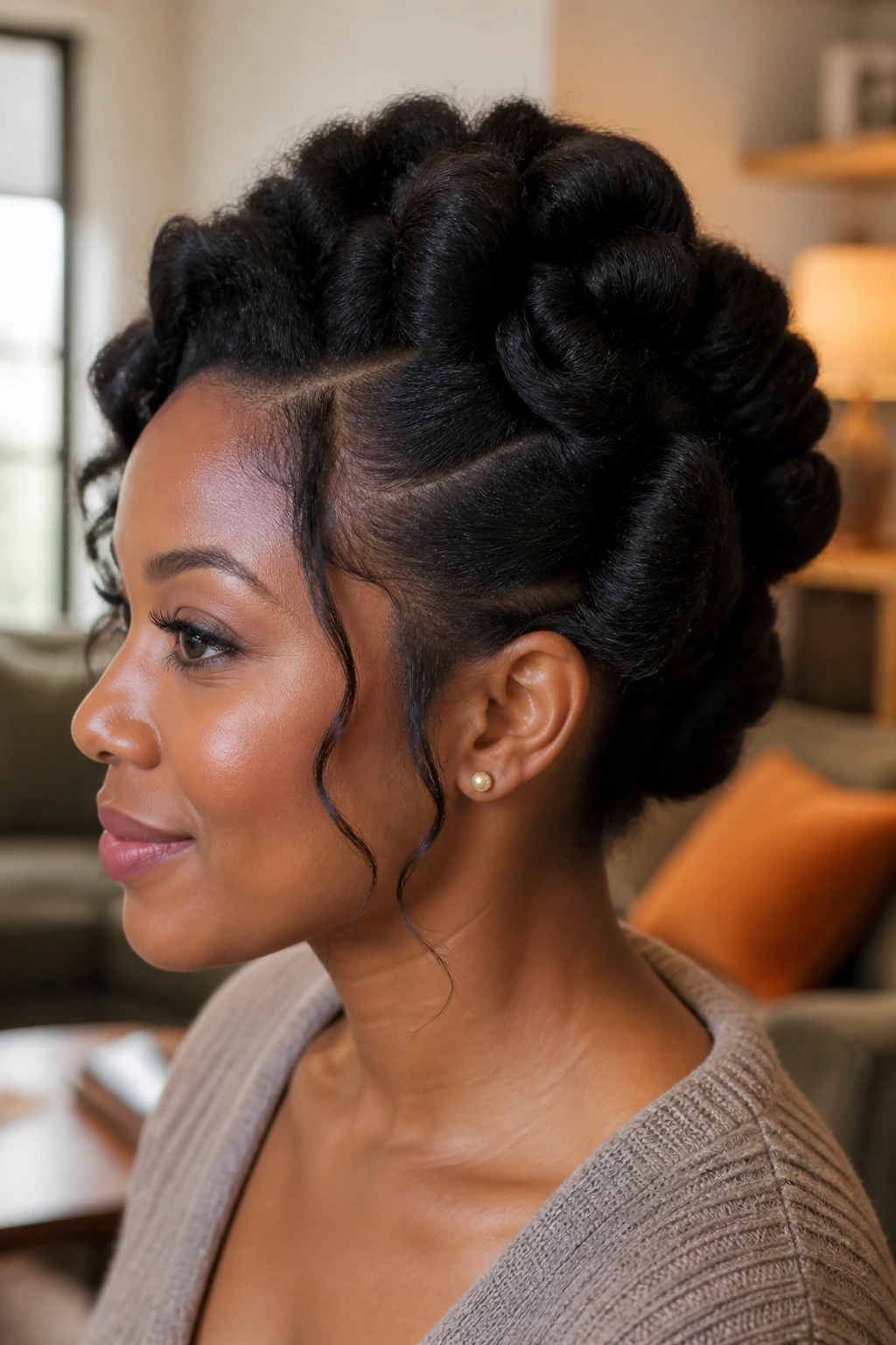 Close-up portrait of a person with a tuck-and-roll updo in a cozy indoor setting