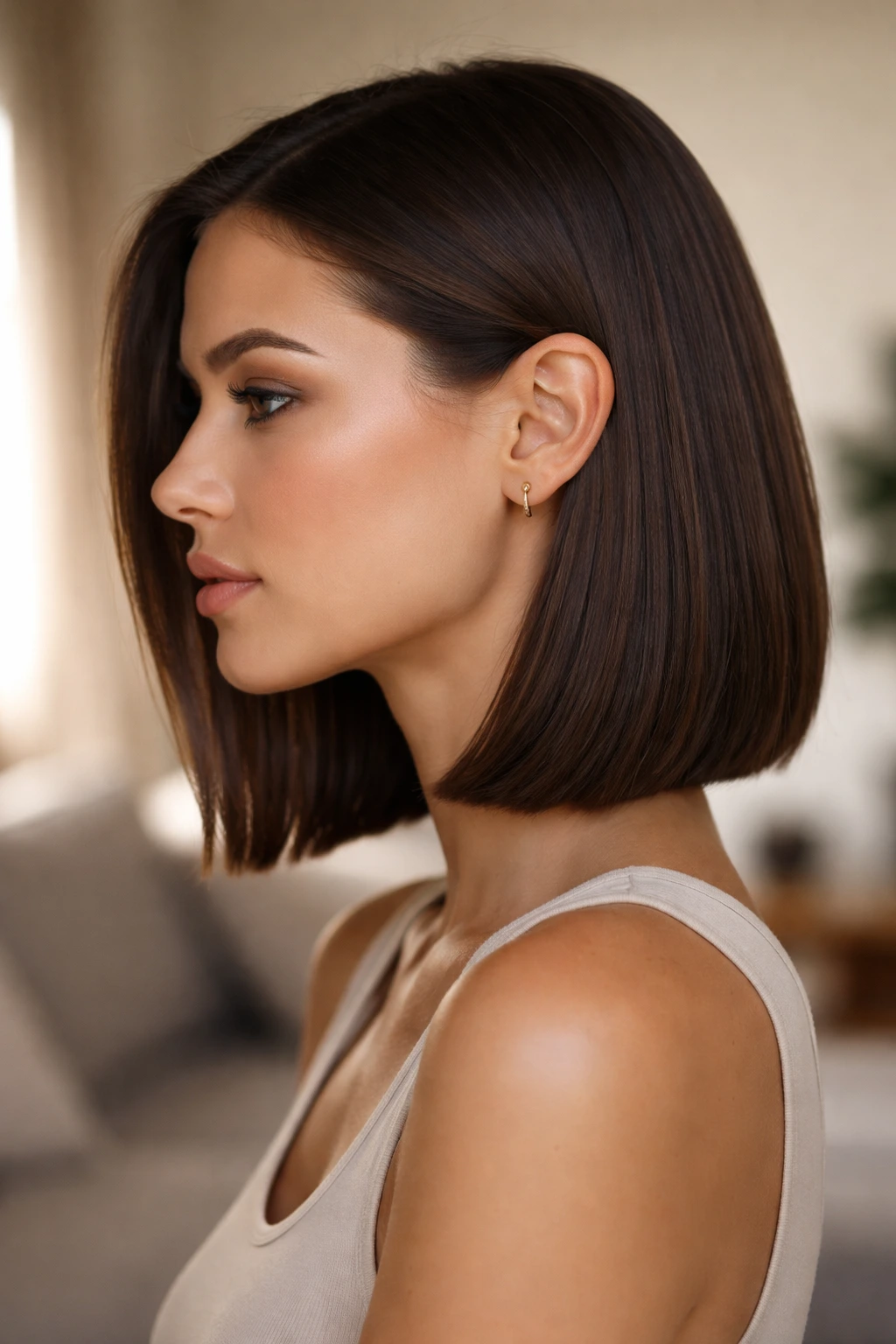 Portrait of real person with hair tucked behind the ear in a sleek lob