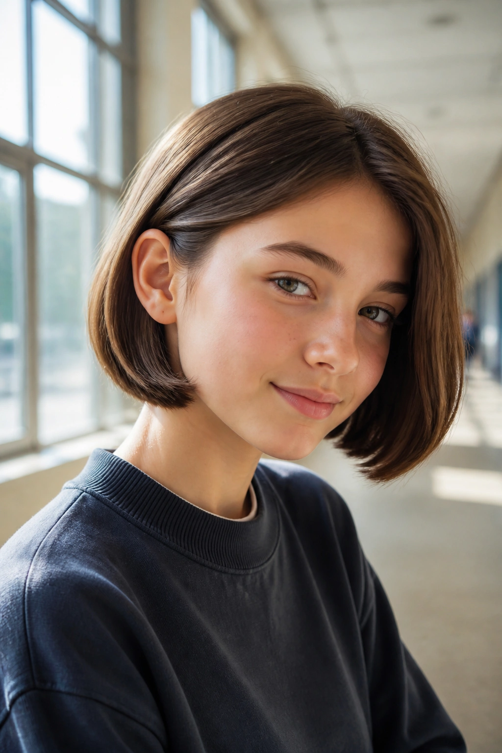 Close-up of a girl with a tuckable bob hairstyle tucked behind the ear