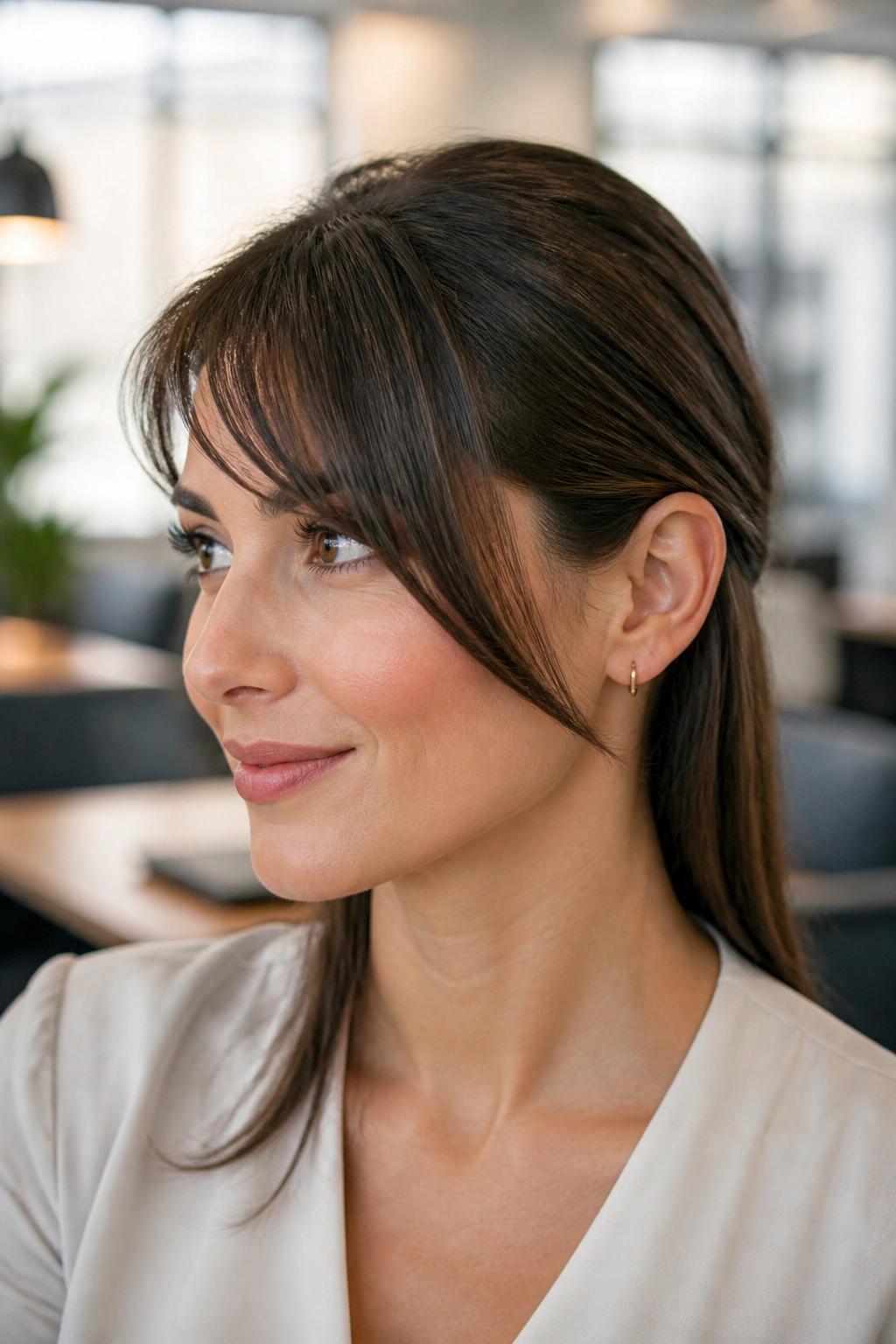 Close-up of a real woman with side bangs tucked behind one ear.