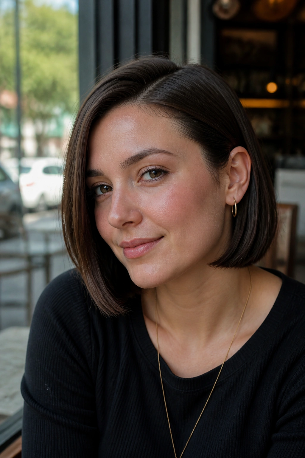 Real woman with a tucked-behind-ear bob in daylight at an outdoor cafe