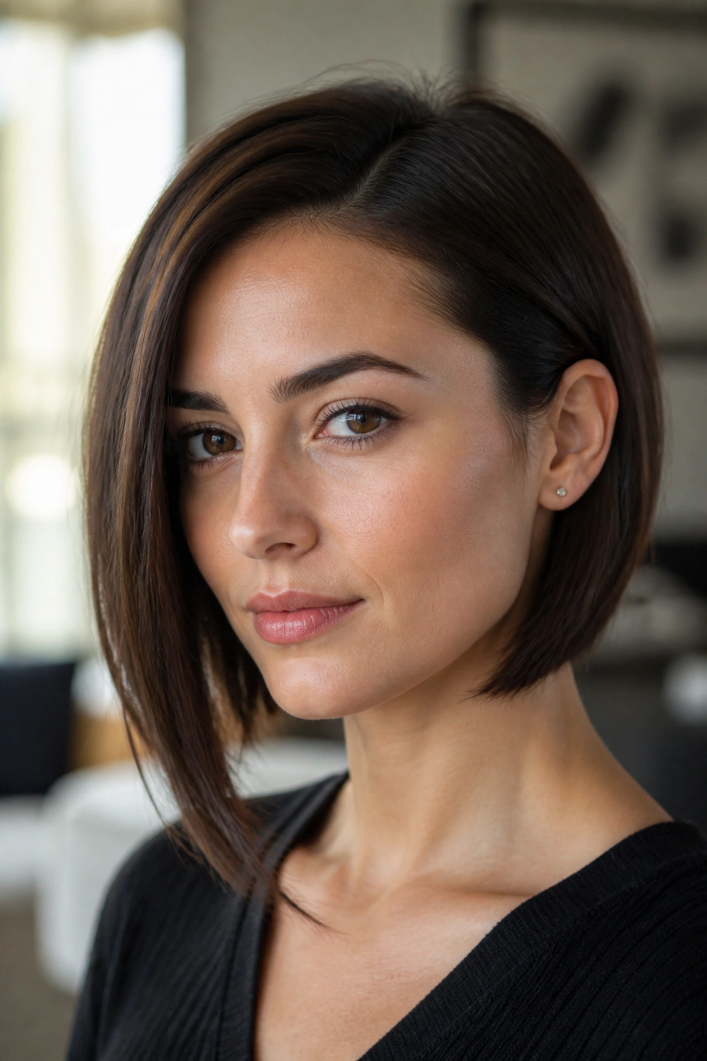 Close-up of a real woman with a tucked-behind-ear bob and longer front